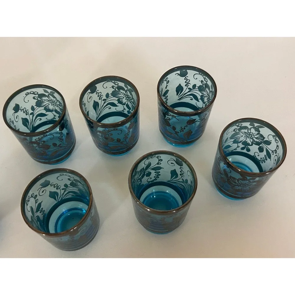 Vintage Murano Blue Art Glass Decanter 6 Shot Glasses Set Floral MCM‎